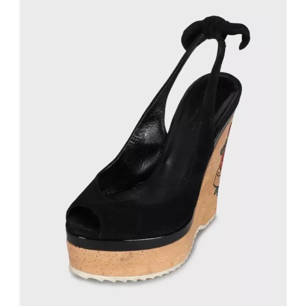 Gucci Black Suede Printed Wedge Sandals - EU 35